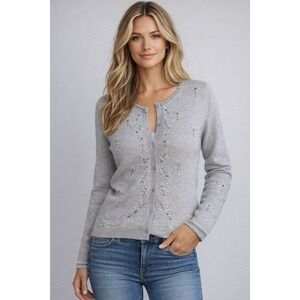 Doncaster Womens Gray 100% Wool Beaded Floral Sequin Cardigan Sweater Size M